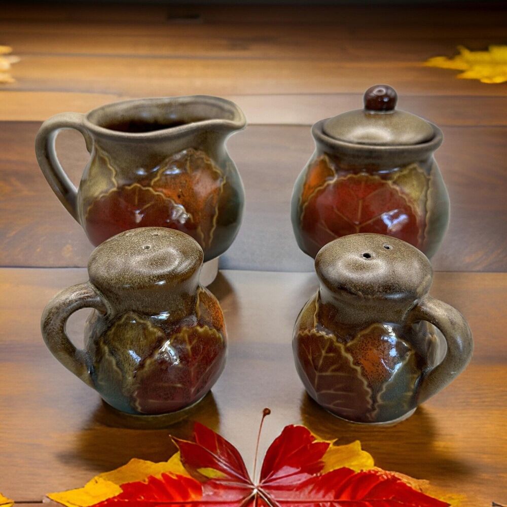 Vintage Ceramic Fall Leaf Pattern Cream Sugar Salt Pepper Unmarked